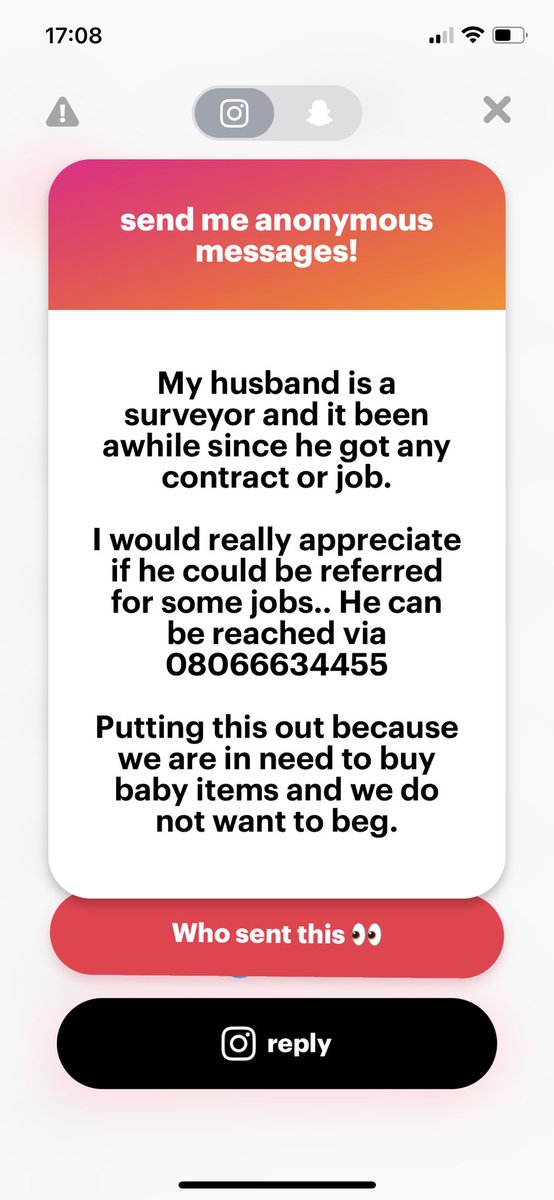 'My husband is a surveyor and he's been out of job for a while. Please come through as we need to buy baby items and we don't want to beg.'