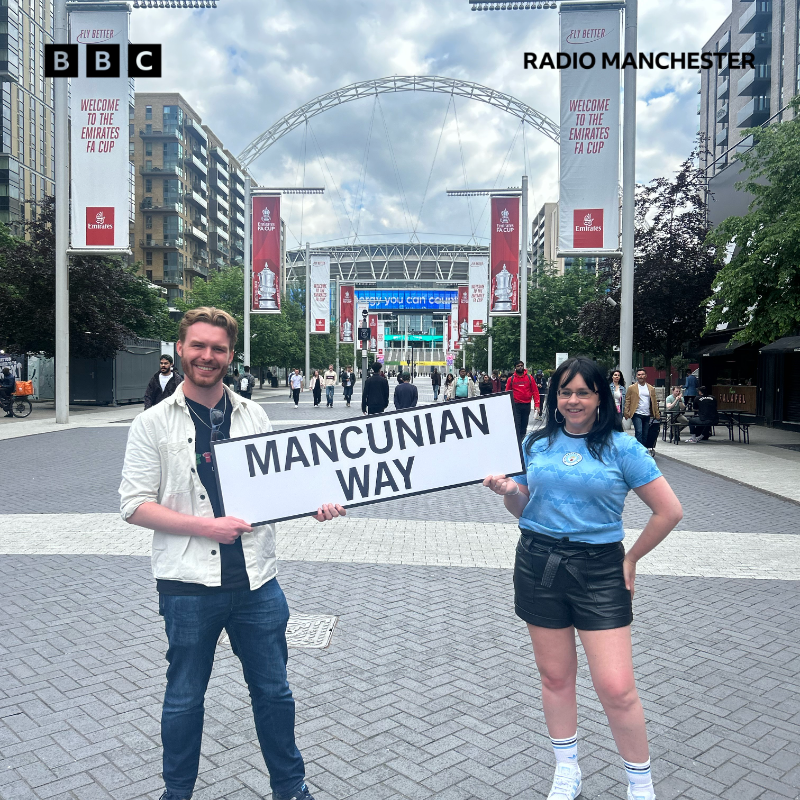 BBCRMsport's tweet photo. 🏟️ Wembley way becomes Mancunian way!

🏆 But which way will tomorrow go? 

Your #FACup final preview ramps up with Total Sport from 6pm.

🔵 @kippaxgirlemily
🔴 @Radio_Gaz

☎️ 0800 218 22 55
🎧 https://t.co/9NvgyC40Xz

#ManCity #MUFC #bbcfootball