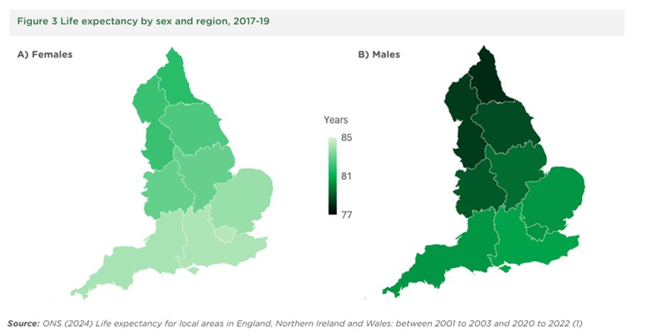 🧵 CHART OF THE WEEK!

The Institute for Health Equity has published a report about England’s widening #healthgap📊

Life expectancy and healthy life expectancy were lowest in the #NorthEast for both sexes in 2017-19 🚻