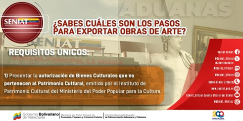 SENIAT_Oficial's tweet photo. Sabías que... para exportar obras de arte solo debes presentar la autorización de Bienes Culturales que no pertenecen al Patrimonio Cultural, emitido por el   Instituto de Patrimonio Cultural @RedesIPC del @Minculturave.
#SENIATPotenciaLaEconomía https://t.co/khXIbvWEkG
