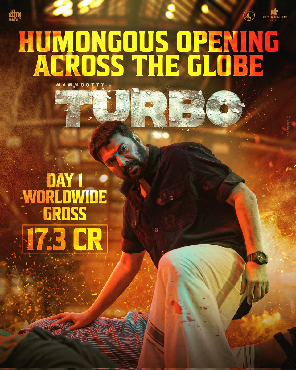 Worldwide Box Office Rampage By Josettayi 👊👊🔥 #Turbo grossed 17.3 crores worldwide on Day 1! 🎉 Such a humongous opening across the globe, thanks to our incredible audience for the endless love & support 🙏❤️🤗 #Mammootty #MammoottyKampany #TurboMovie @mammukka