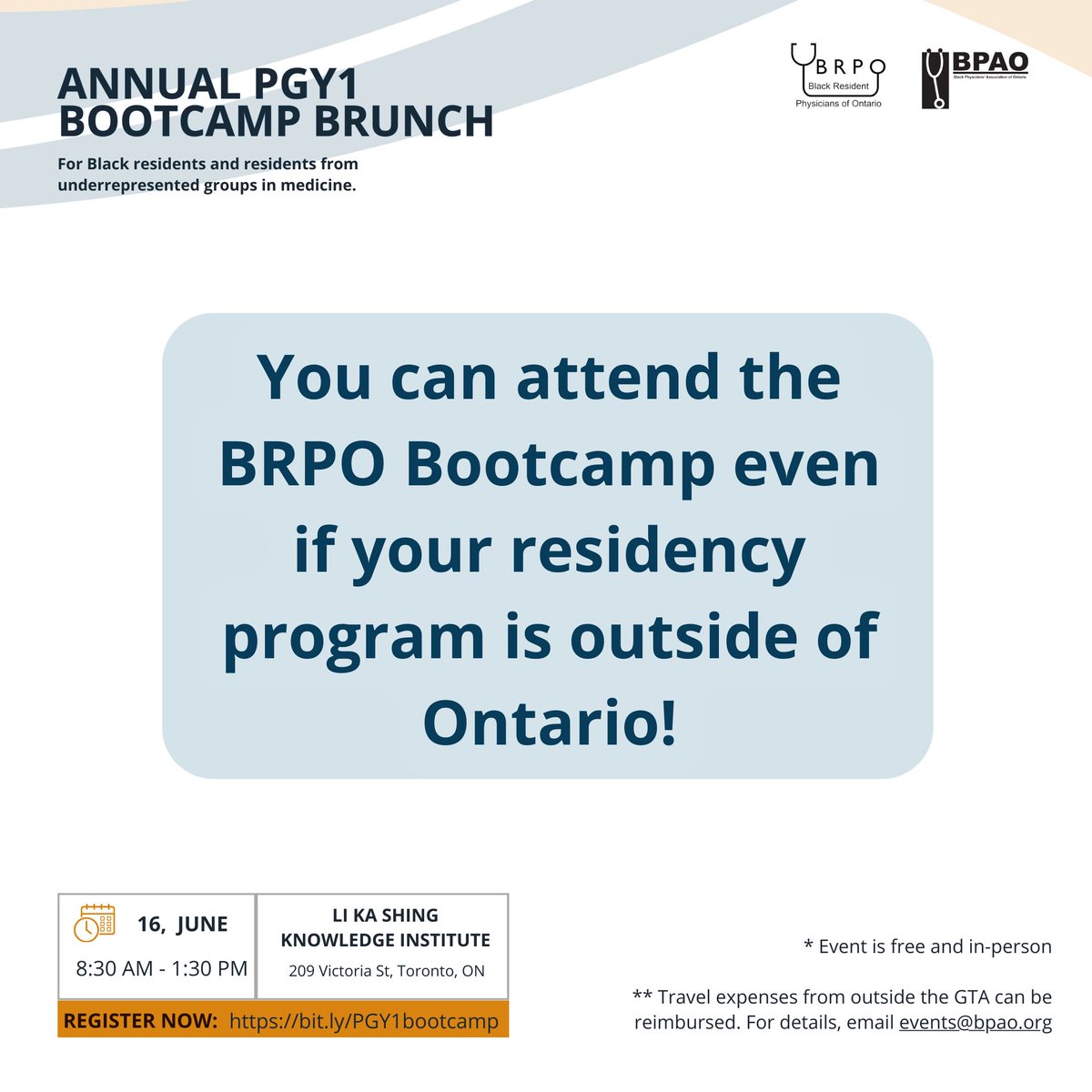 We are excited to announce that registration for the BRPO Bootcamp is now open to all new residents, even if your residency program is outside of Ontario! To register: loom.ly/azzL-bM 🚗 Attendees traveling from outside the GTA can have their travel expenses reimbursed.
