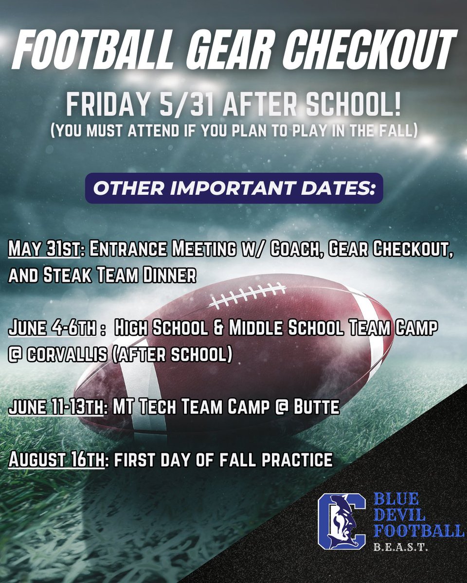 It's finally here!!! High School and Middle School Gear Checkout is this Friday after school, so spread the word and start getting excited for some Blue Devil Football on the field this Spring 🏈