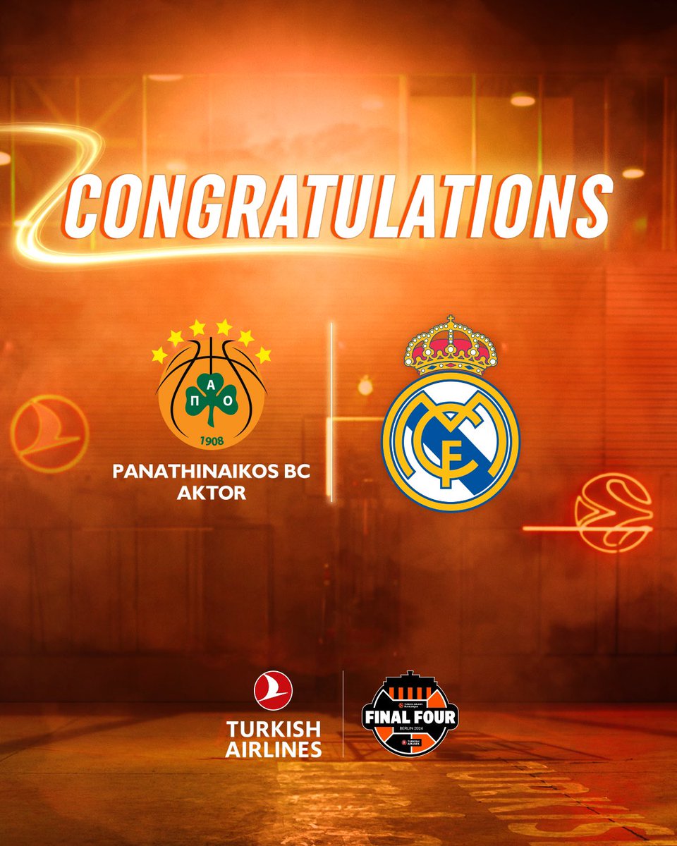 ✈️🏀 Congratulations! Finalists of Turkish Airlines @EuroLeague #FinalFour are @paobcgr and @RMBaloncesto. See you in the final! #TurkishAirlines #EuroLeague