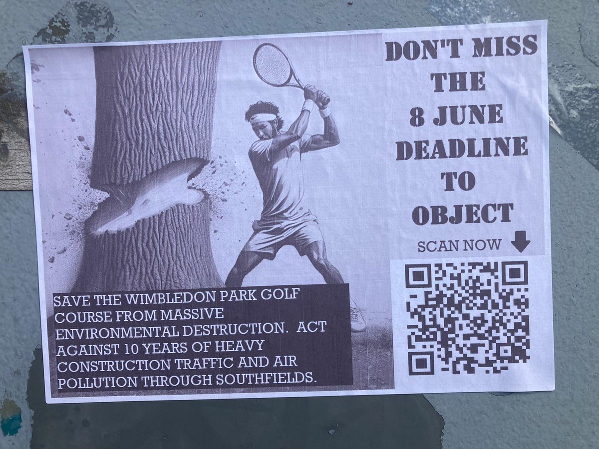 Southfields has it's own #Banksy! 🎨 We've seen these flyers around the local area calling on residents to object to AELTC's proposals on the @LDN_environment website. Object to AELTC's plans for Wimbledon Park here: glaplanningapps.commonplace.is/planningapps/2… #GreenNotGreed @WimSoc