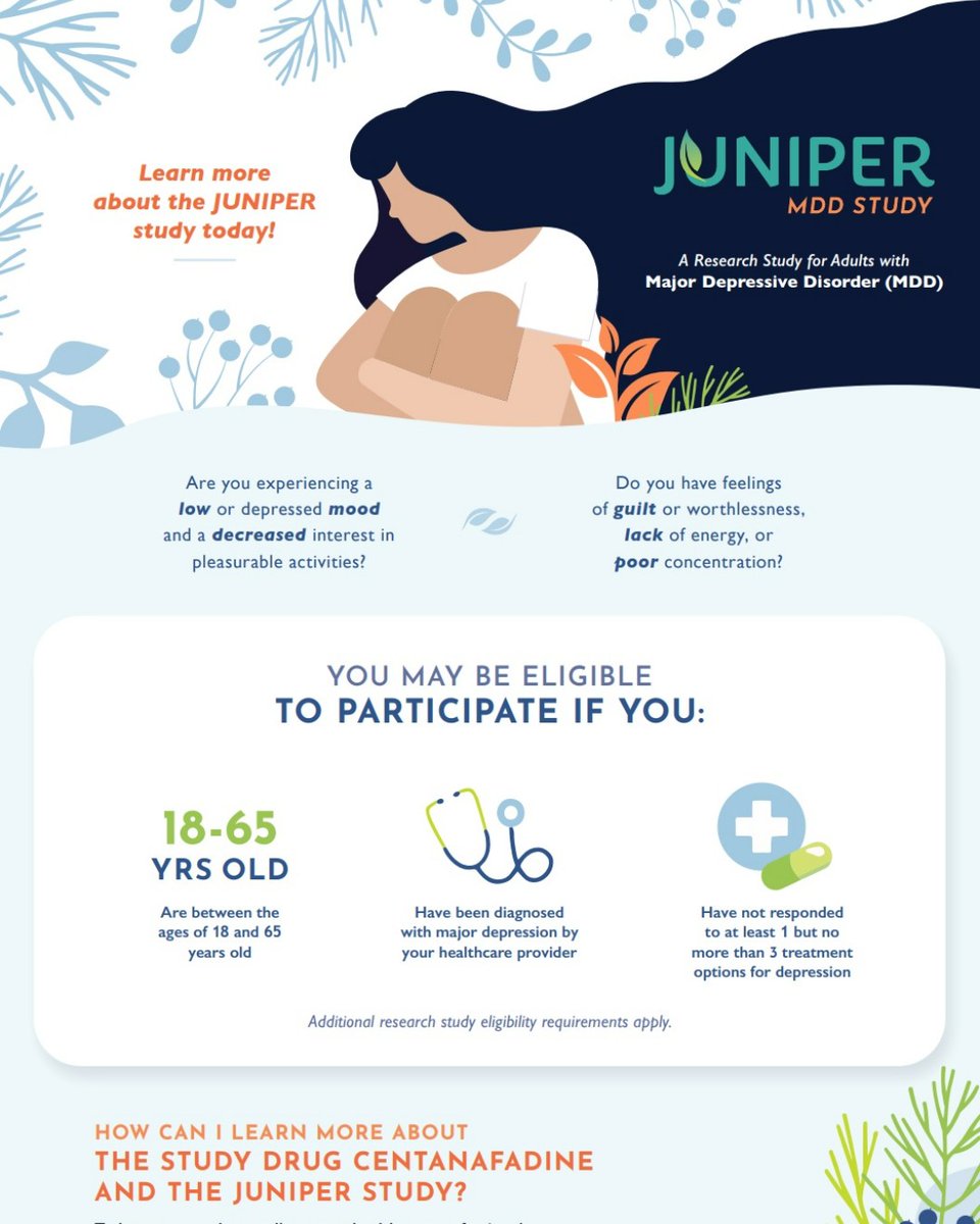 Depression meds not working? Join JUNIPER MDD study and get study-related care at no cost.  For details, contact us today!  (800) NEW-STUDY | Syrentis.com #depression #majordepression #clinicaltrials #MDD #MentalHealthMatters #SyrentisClinicalResearch