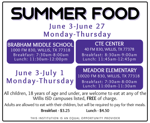 WillisSchools's tweet photo. Attention Wildkats 📣

All children 18 years of age and under are welcome to enjoy complimentary breakfast and lunch this summer! https://t.co/oHTkaFzmj2