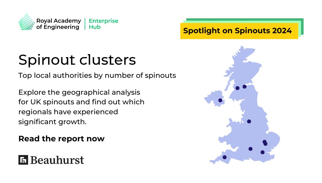 Where are the spinout clusters in the UK? Which local authority comes out on top? Find out this and much more in the latest edition of 'Spotlight on Spinouts' from @RAEng_Hub and @Beauhurst: raeng.org.uk/policy-and-res…