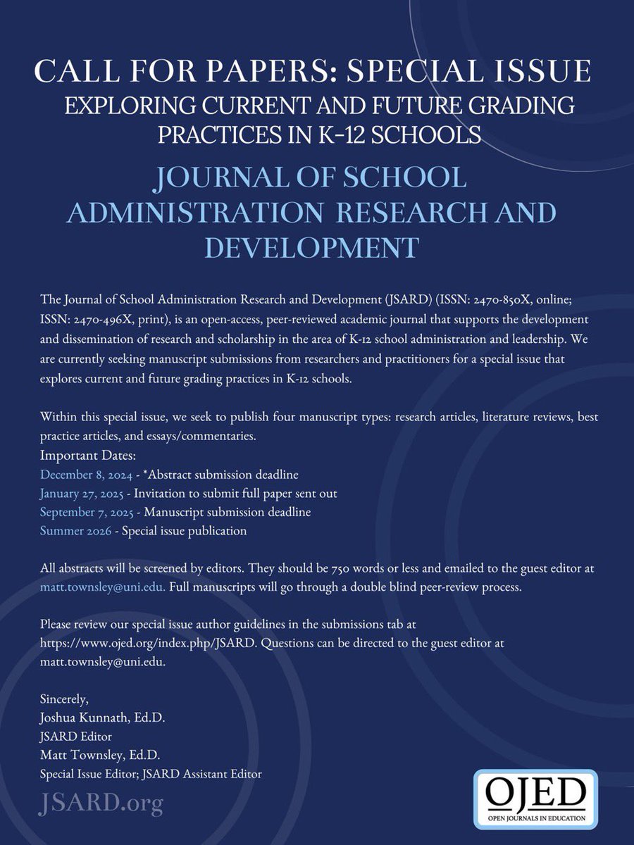 JoshKunnath's tweet image. I’m really excited about JSARD’s special issue on grading in K-12 schools, and I’m equally excited that Dr. Townsley (@mctownsley) will be serving as guest editor💯🎆🎇

See the call for papers below 👇

ojed.org/index.php/JSAR…

#edchat #sblchat #leadupchat