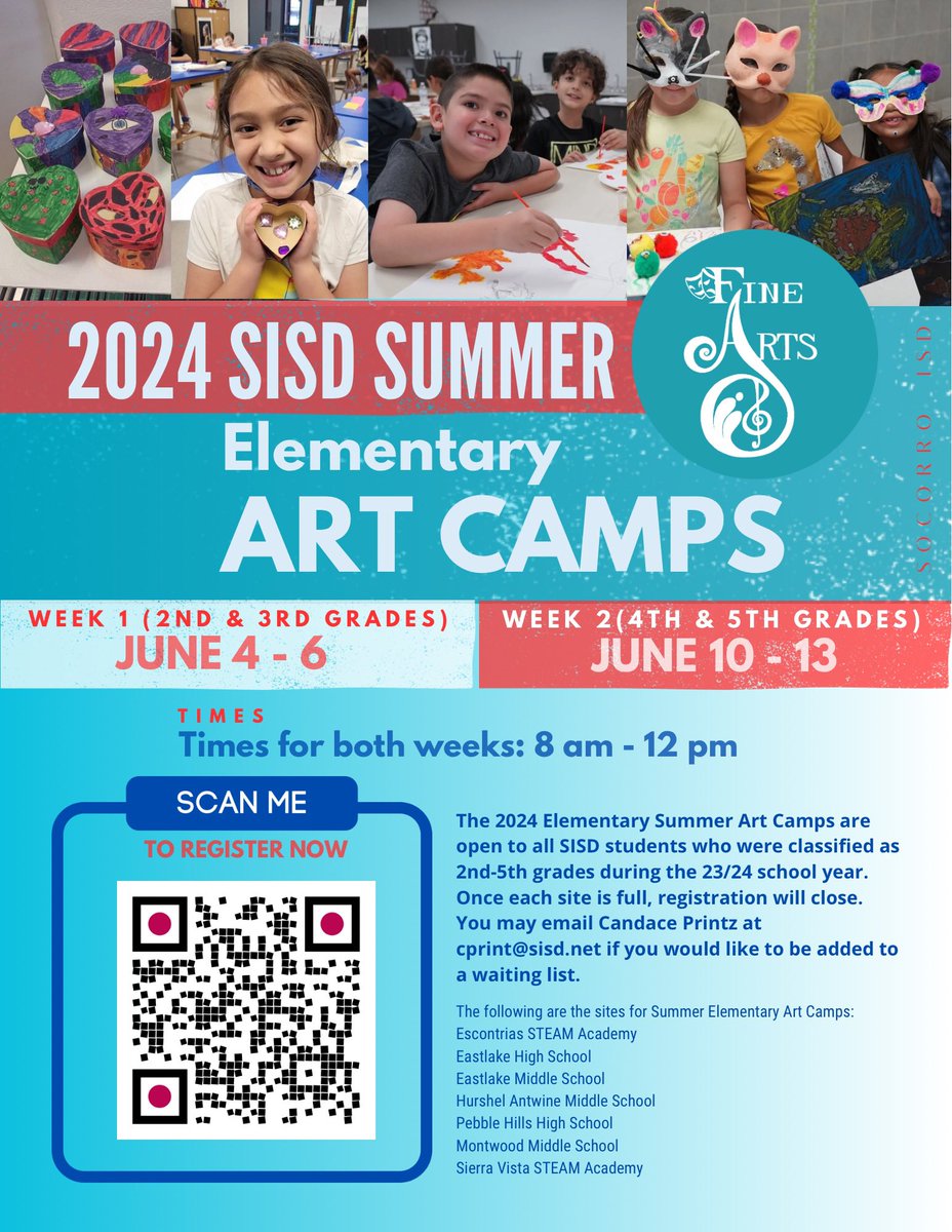 Free Summer Art Camp! Eastlake feeder pattern! 2nd-5th grade @BNarbuth_ES @DSShook_ES @MRidge_ES @DW_K8S @HHeights_ES @SISD_FineArts @CPrintz_ADM