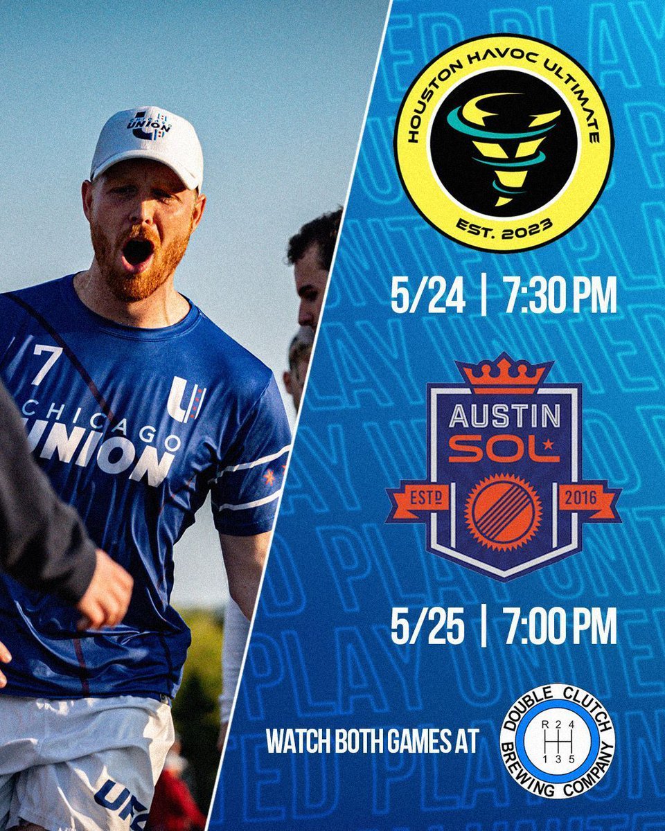 gochicagounion's tweet photo. Not in Texas? No worries!
Head over to Double Clutch tonight & tomorrow to watch both our games and enjoy some drinks while cheering on the Union! 🍻
#gochicagounion #doubleclutch #ultimatefrisbee https://t.co/6wvTbxB3fR