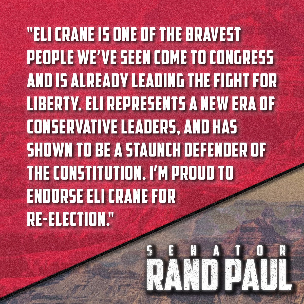 'Eli Crane is one of the bravest people we’ve seen come to Congress and is already leading the fight for liberty. Eli represents a new era of conservative leaders, & has shown to be a staunch defender of the Constitution. I’m proud to endorse Eli Crane for re-election.'-@RandPaul