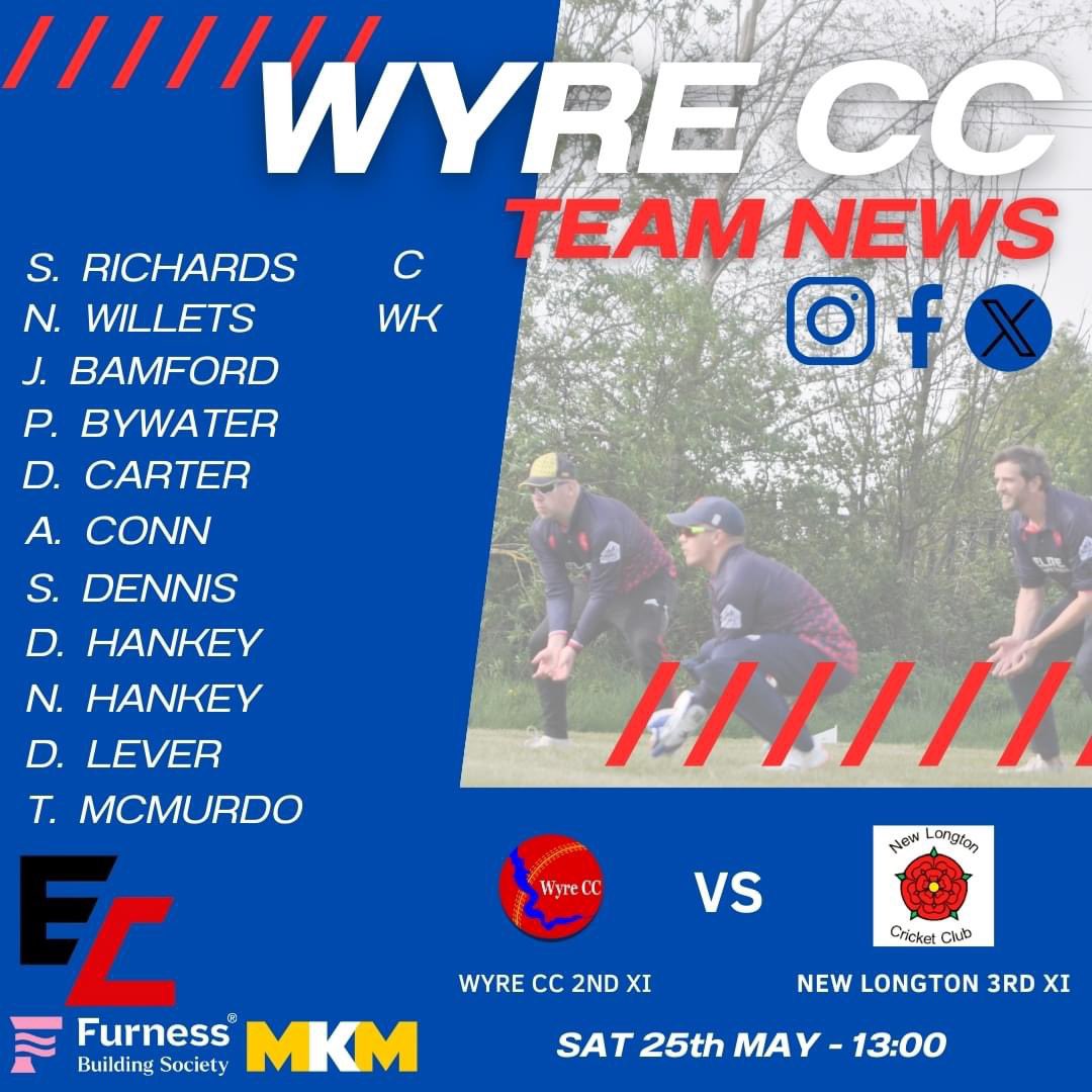 Wyre Cricket Club (@wyrecricketclub) on Twitter photo 🏏 Teams for this weekends two <a href="/pscricket/">PalaceShieldCricket</a> matches; The 1s have a short trip to Mossom Lane looking to bounce back, and the 2s hoping to maintain their promising start to the season at Fortress Cottam 🏏
Saturday:
<a href="/BlackpoolCC/">Blackpool Cricket Club</a> vs. 1️⃣st XI
2️⃣nd XI vs. <a href="/NewlongtonCC/">New Longton CC</a>
FORZA WYRE 🏏 Teams for this weekends two <a href="/pscricket/">PalaceShieldCricket</a> matches; The 1s have a short trip to Mossom Lane looking to bounce back, and the 2s hoping to maintain their promising start to the season at Fortress Cottam 🏏
Saturday:
<a href="/BlackpoolCC/">Blackpool Cricket Club</a> vs. 1️⃣st XI
2️⃣nd XI vs. <a href="/NewlongtonCC/">New Longton CC</a>
FORZA WYRE