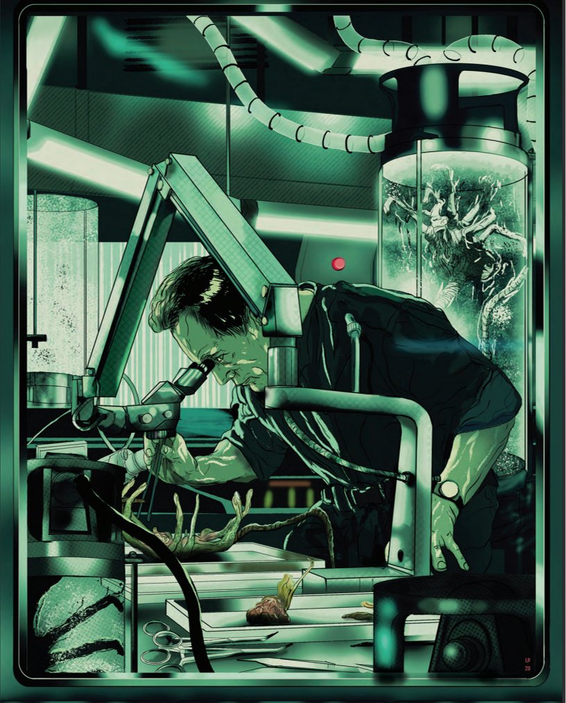 Incredible artwork of Bishop, researching the Xenomorph facehugger, Artist Lucas Peverill truly captures this wonderful moment from the film. What is your favorite Bishop scene? #Alien #Aliens #JamesCameron #AvP #SciFi #80s #AliensExpanded