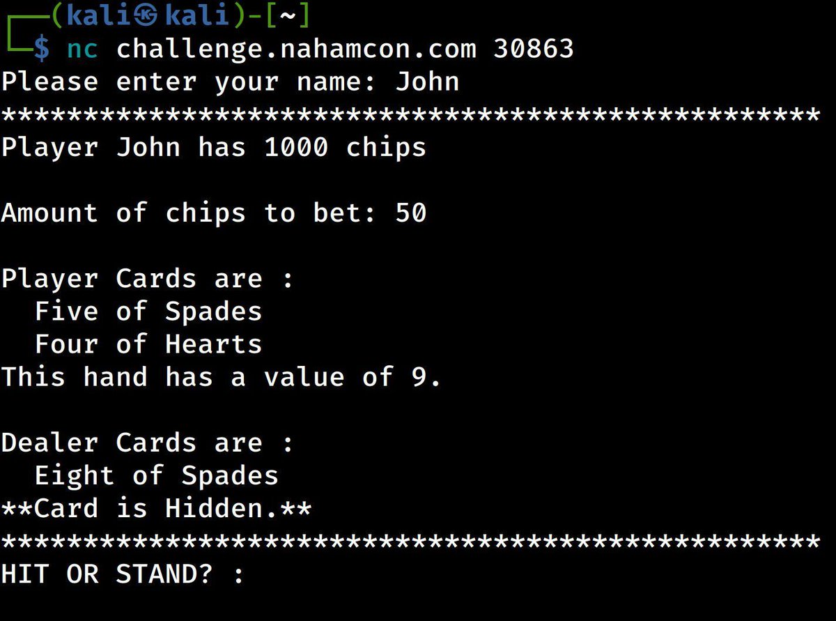 If you're playing the NahamCon2024 CTF, you've definitely got better odds of winning than with this Blackjack task in the Cryptography category! Can you collect the winnings? Solve this challenge and more #NahamCon2024 jh.live/nahamcon-ctf
