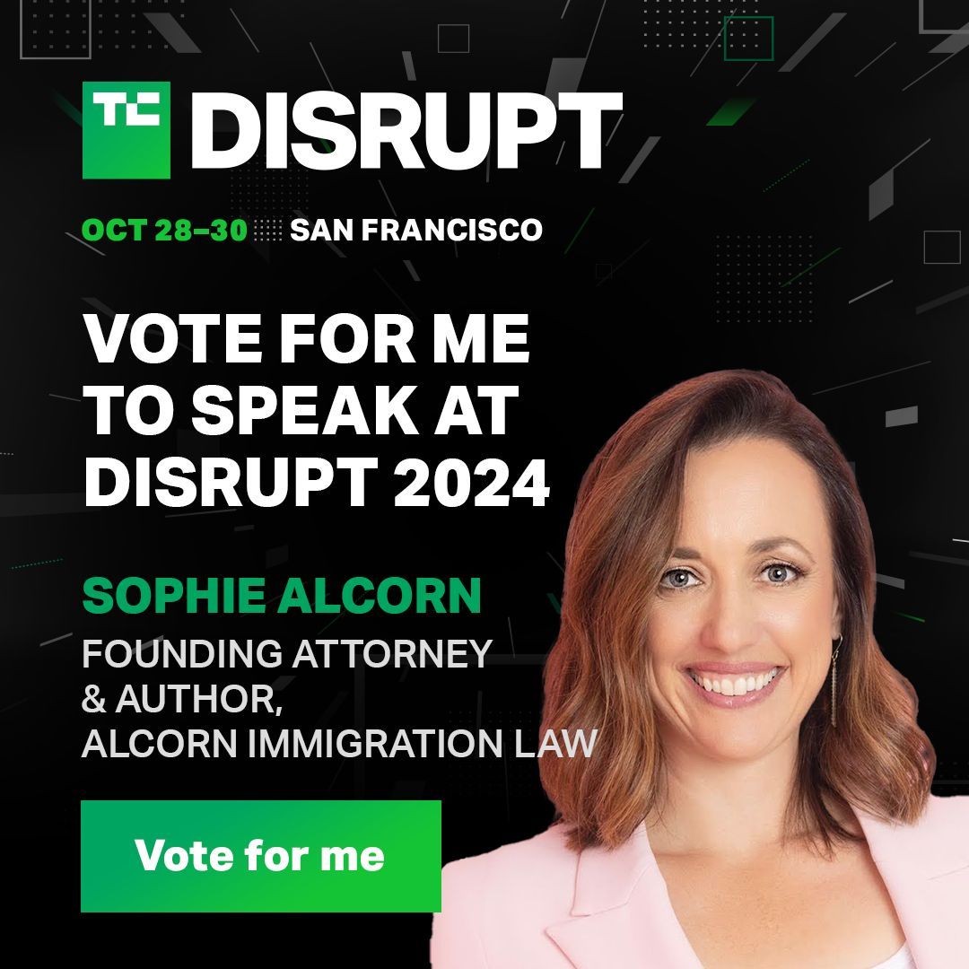 It's the last day to vote for Audience Choice speakers at TC Disrupt! Top immigration attorney, Sophie Alcorn, brings answers to your questions on visas and green cards for founders and companies alike. 🌟 Vote for Sophie here! buff.ly/3KkKV8F 🎉