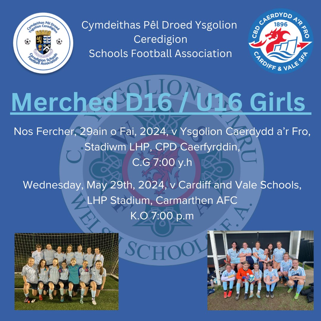 Pob lwc i’r Merched D16 yn rownd derfynol Cwpan Rhyng Gymdeithas Ysgolion Cymru nos Fercher yng Nghaerfyrddin. Dewch i gefnogi’r merched.

Good luck to the U16 Girls in the Welsh Schools Inter Association Cup final on Wednesday night at Carmarthen. Come and support the girls.