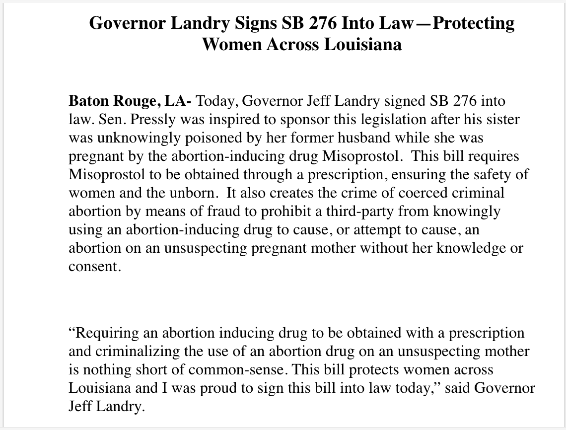 NEWS: @LAGovJeffLandry has signed into law @TAPressly's Senate Bill 276, which classifies two abortion-inducing medications as dangerous controlled substances, his office says. The bill takes effect Oct. 1, 2024. #lalege #lagov nola.com/news/politics/…