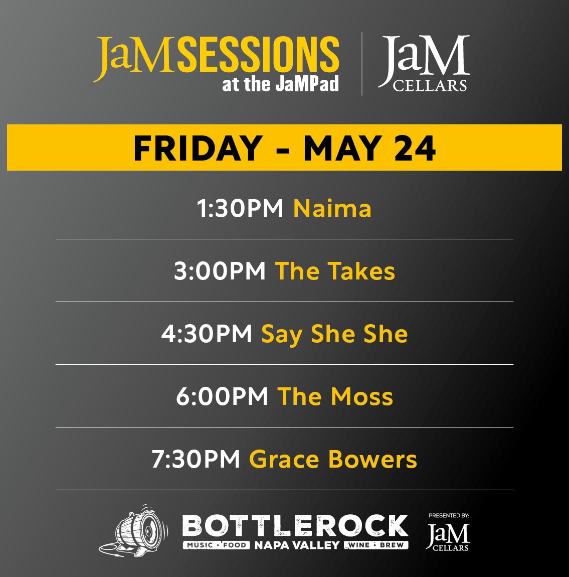 🎶 Friday at the #JaMPad looks JaM-GOOD 🎶      Today's lineup 👇🏼

📲 Save your favs to your schedule on the BottleRock app! See you there! 🥂 #ButterChardonnay #JaMCellars