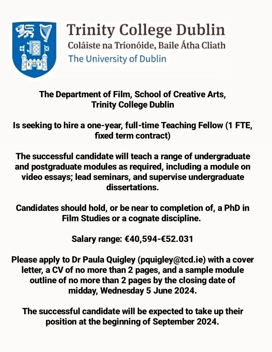 Jennifer O'Meara (@j_o_meara) on Twitter photo 📢 The Department of Film at <a href="/tcddublin/">Trinity College Dublin</a> is hiring a Teaching Fellow (full-time, for one year) to start in September. Deadline for applications is June 5th. For more info on the Department & School of Creative Arts, see: tcd.ie/creativearts/ 📢 The Department of Film at <a href="/tcddublin/">Trinity College Dublin</a> is hiring a Teaching Fellow (full-time, for one year) to start in September. Deadline for applications is June 5th. For more info on the Department & School of Creative Arts, see: tcd.ie/creativearts/