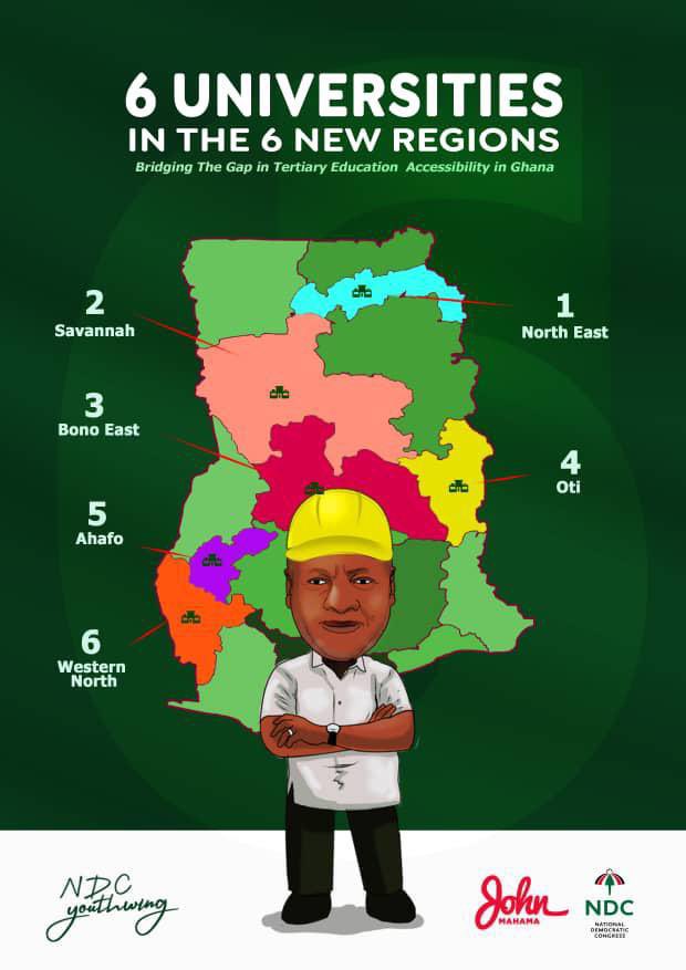 In the quest to bridging  the gap in tertiary education and making it accessible to all in Ghana,H.E John Dramani Mahama promises to build six new universities in the six new regions.#TheGhanaWeWant
#ChangeIsComing #24HourEconomy