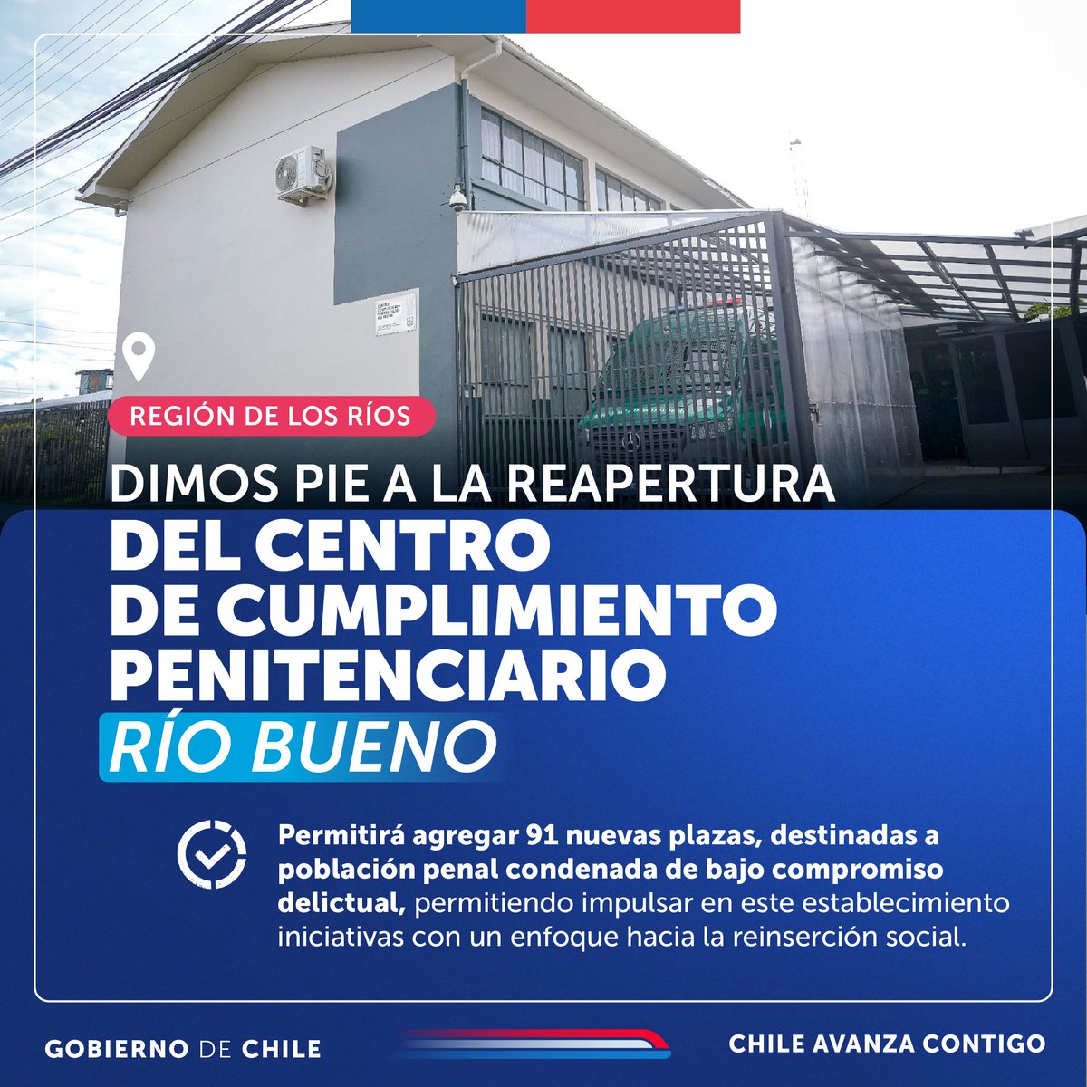 El ministro de Justicia y Derechos Humanos, @LuisCorderoVega, anunció la reapertura del Centro de Cumplimiento Penitenciario de Río Bueno. ✅ Esto significa más plazas para personas privadas de libertad, reforzamiento del sistema de seguridad, entre otras mejoras.