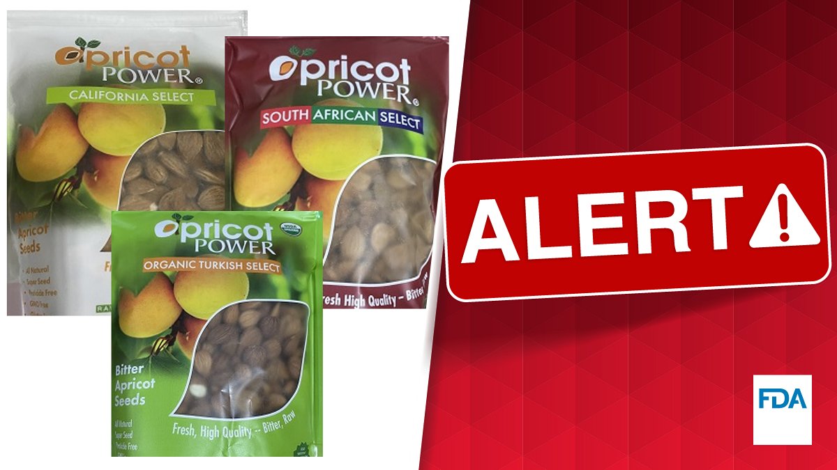 FDA issues warning about toxic amygdalin found in certain Apricot Power apricot seeds. For a list of products, see our safety alert web page fda.gov/food/alerts-ad…