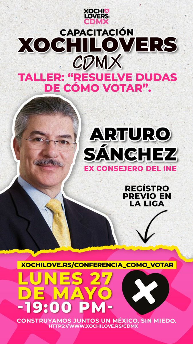 Acompáñenos este Lunes 27 de Mayo a las 19 hrs por zoom para que <a href="/ArturoSanchezG/">Arturo Sánchez G.</a> ex consejero del INE y experto en la materia, nos explique y solvente todas las dudas.

En la siguiente liga, cupo limitado. 👇
xochilove.rs/conferencia_co…