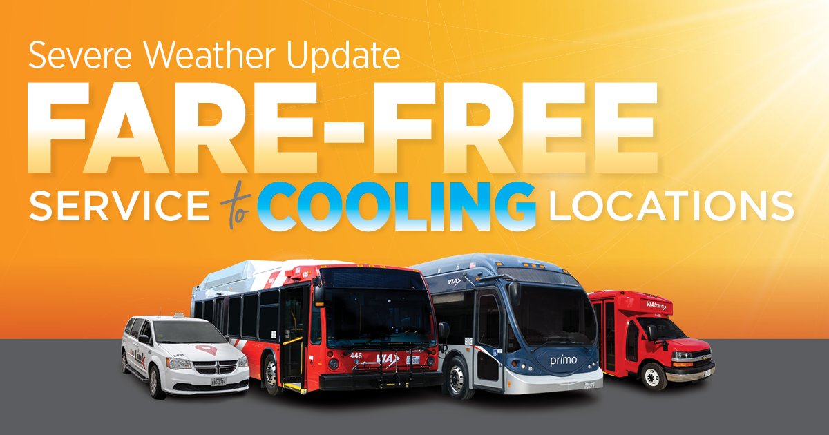 Stay cool and hydrated! 😎 #RideVIA fare-free on Monday, May 27, to one of the City of San Antonio’s places to stay cool. For more information, visit VIAinfo.net/coolingplaces, contact VIA at 210-362-2020, or use the VIA goMobile+ app. 📲