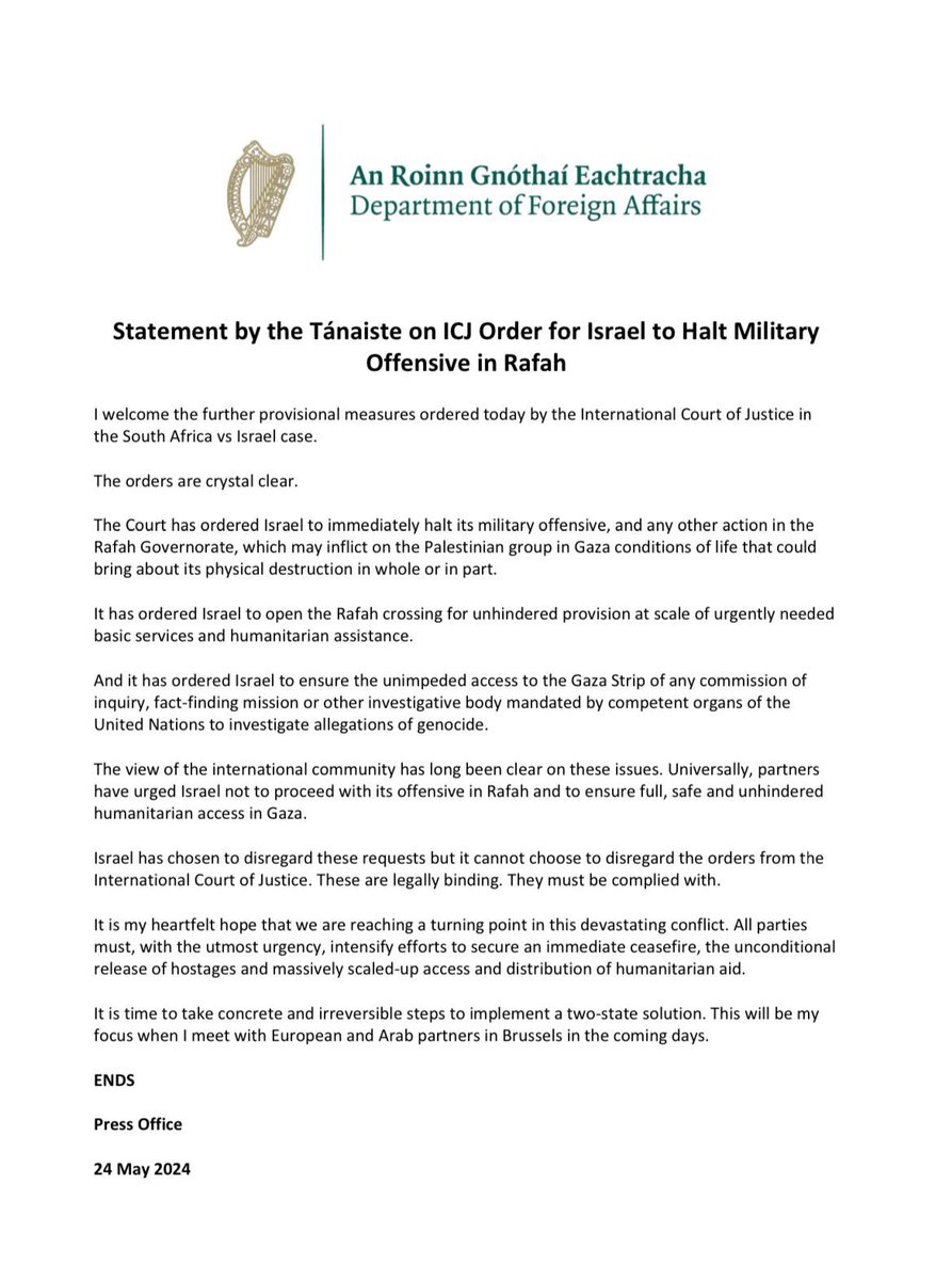 I welcome the further provisional measures ordered today by the International Court of Justice in the South Africa vs Israel case. My full statement ⬇️