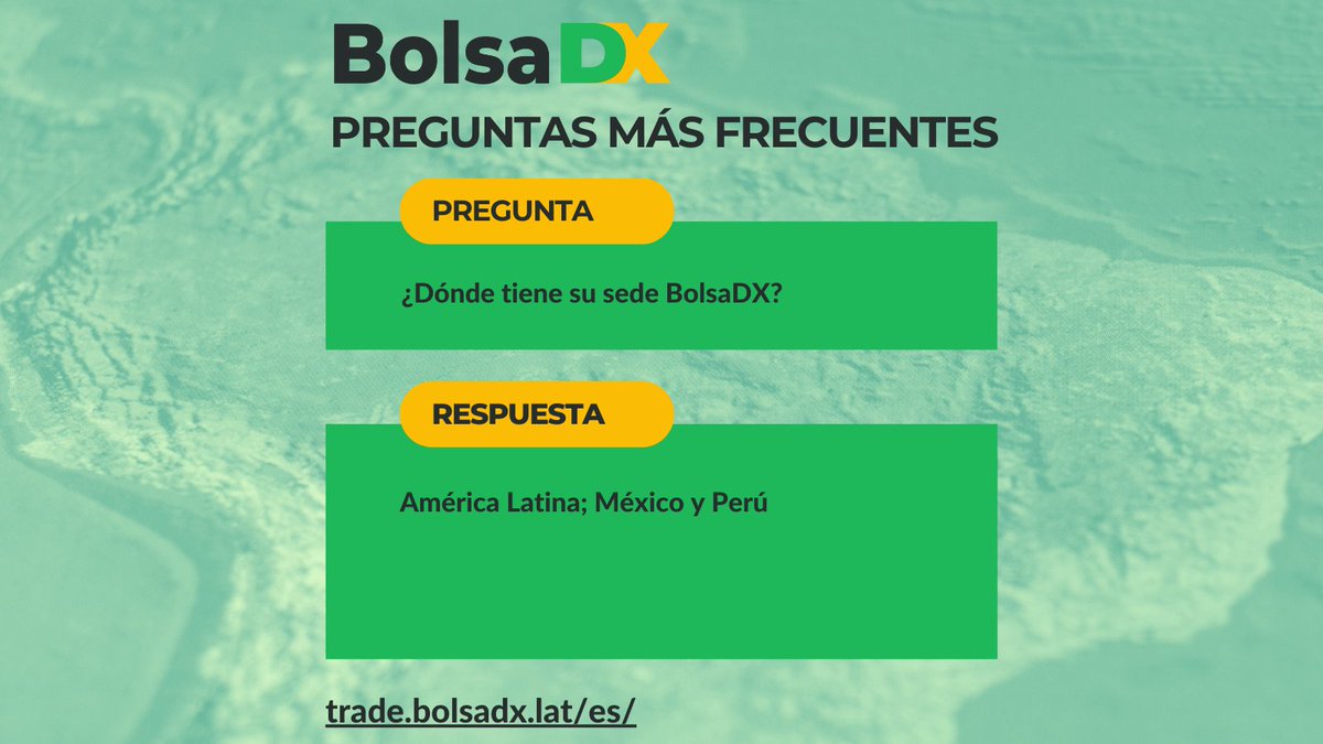 Preguntas Más Frecuentes

¿Dónde tiene su sede BolsaDX?

América Latina; México y Perú.

Más información en trade.bolsadx.lat/es/

#BolsaDX #BDX #Preguntas #Respuestas #Cripto #Bitcoin #BTC #AmericaLatina #Mexico #Peru