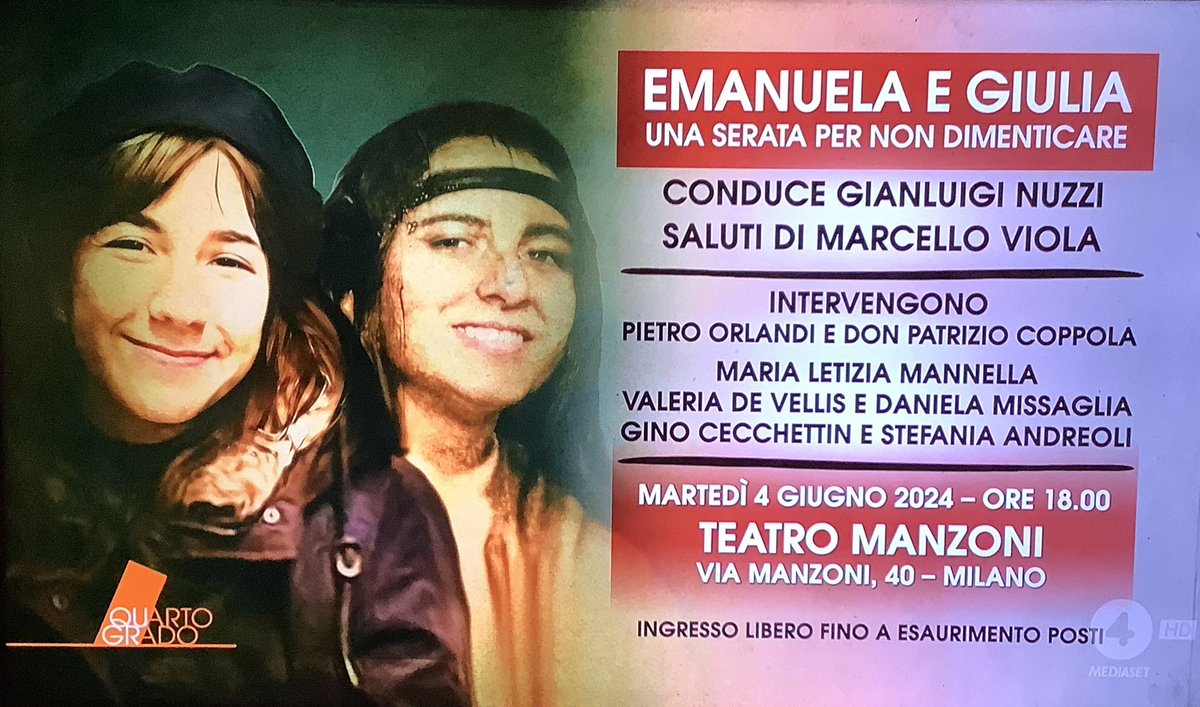 #FacciamoRumore Una serata per non dimenticare #GiuliaCecchettin e #ManuelaOrlandi Con @GianluigiNuzzi al teatro Manzoni il 4 giugno a #Milano #QuartoGrado