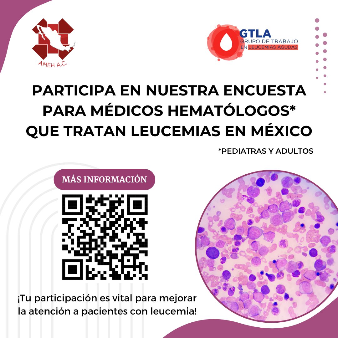 AMEH A.C. (@contactoameh) on Twitter photo ¿Te has sentido limitado al no contar con todas las herramientas necesarias para diagnosticar, estratificar el riesgo y dar un seguimiento completo a pacientes con leucemia?
Más info: me-qr.com/HUtVmFBo
colectivoleucemias@gmail.com
#Encuesta #Leucemias #Hematología #GTLA ¿Te has sentido limitado al no contar con todas las herramientas necesarias para diagnosticar, estratificar el riesgo y dar un seguimiento completo a pacientes con leucemia?
Más info: me-qr.com/HUtVmFBo
colectivoleucemias@gmail.com
#Encuesta #Leucemias #Hematología #GTLA