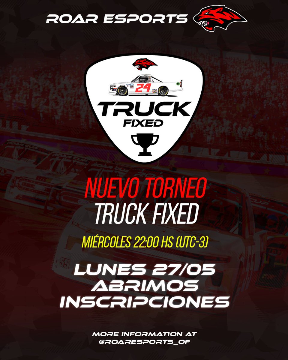 🔥TRUCK FIXED 🔥

Vuelve la serie tan ansiada y mucho mas...!!!

Desde el Lunes podrás inscribirte en la TRUCK FIXED!!! 👏

No te pierdas las novedades en nuestro canal de discord  ⬇️⬇️
Discord ROAR CUP🟥
discord.gg/6w9FGhBBBz

#Simracing #truck #Oval #fixed #road