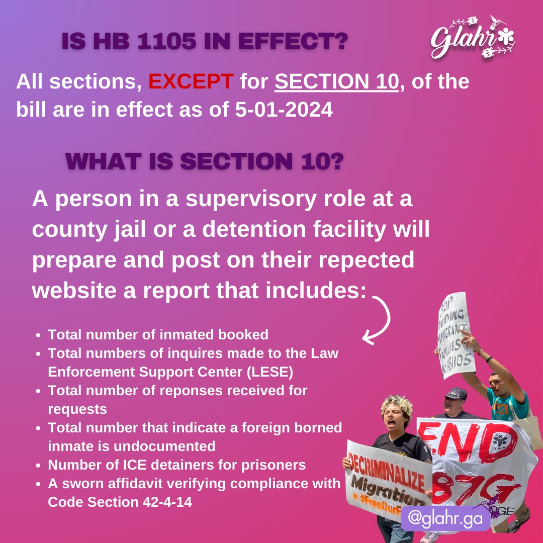 GLAHR_'s tweet photo. HB 1105, signed into law in Georgia on 5-01-2024, requires sheriffs and jail personnel to determine the immigration status of anyone in custody, verify documentation, and communicate with ICE if necessary.  For questions or assistance, call us (770)-457-5232. https://t.co/uKGg9hVWzG