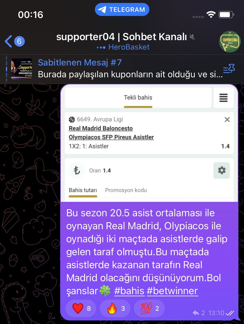 Sohbet grubumuzda paylaştığım Real Madrid, asistleri kazanır bahisi rahat bir şekilde kazandı✅✅

Analizler, tahminler, fikir alışverişleri, keyifli sohbetler ve ödüller, Türkiye'nin en büyük bahis sohbet kanalı olan kanalımızda mevcut.

t.me/+XA_byNCa2SU5N…