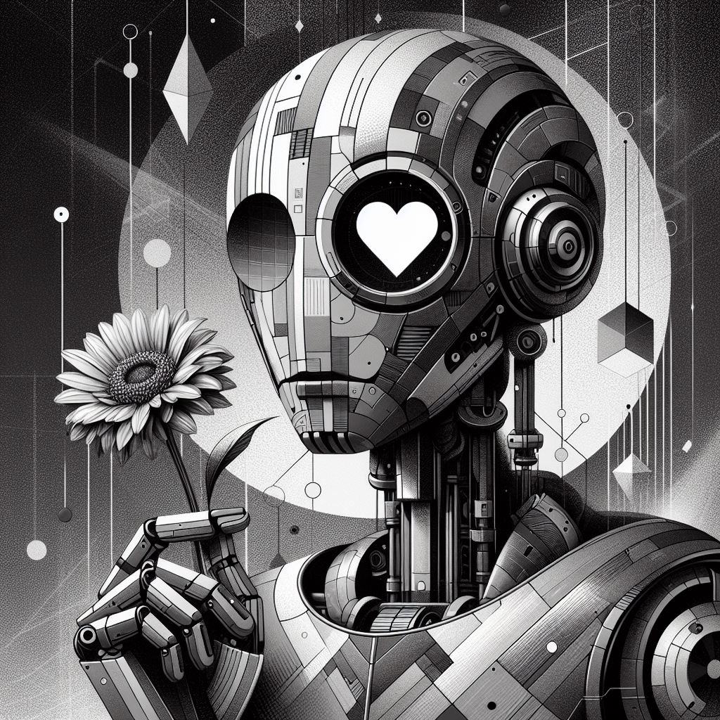 Love in shades of gray. Even robots feel the pangs of melancholy. Let this thought-provoking illustration serve as a reminder to embrace our emotions, no matter the color or expression. #EmbraceTheGray #LoveAndMelancholy