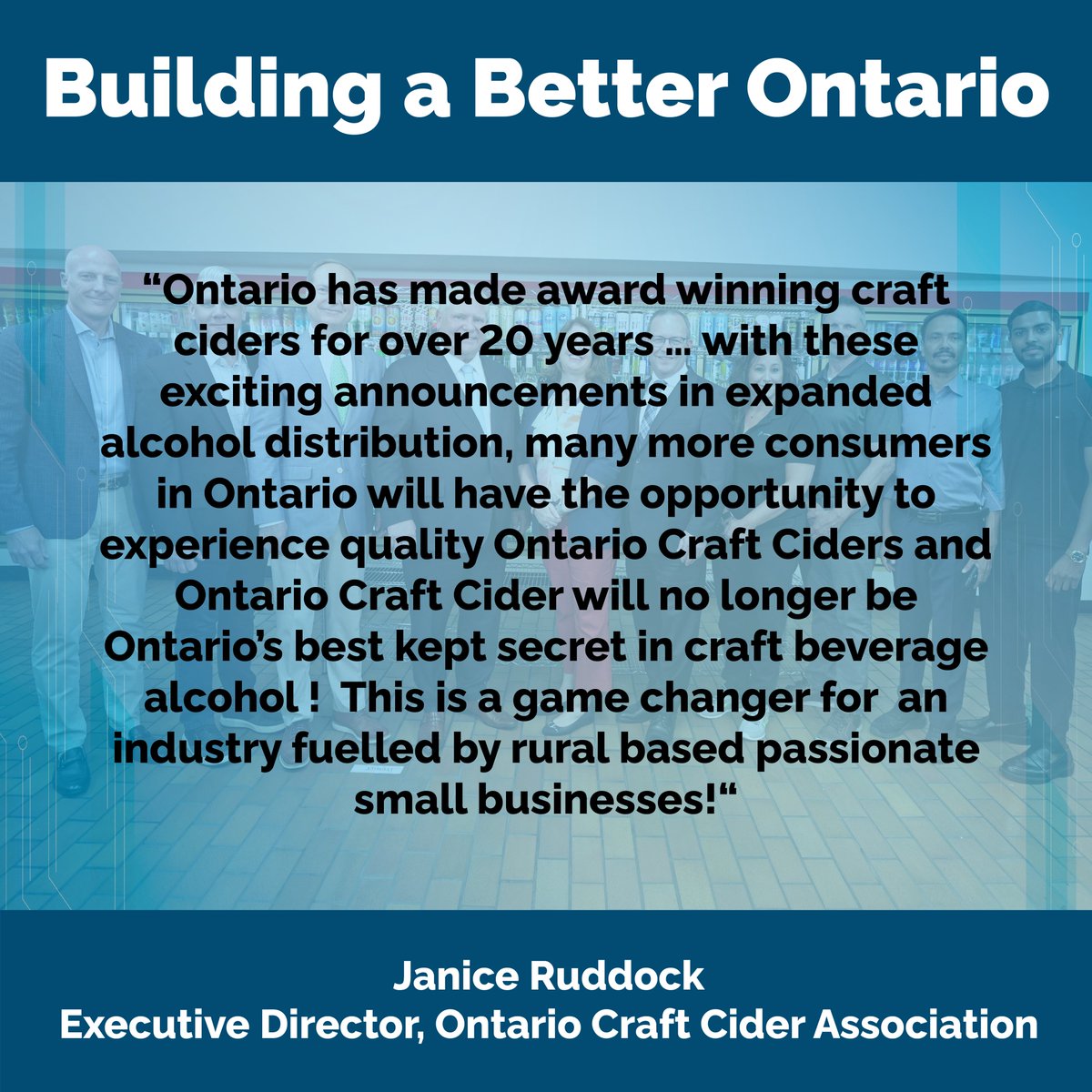 A quote from @OntCraftCider on our government's recent announcement to deliver choice and convenience for consumers by expanding the sale of retail alcohol.