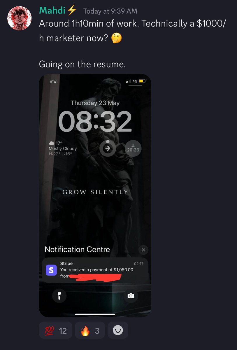 Mahdi just made $1k for an hour's worth of work. Simple email work. And the funny thing is most guys will MAYBE get $500 for a whole email sequence… …Then spend several days working on it.  But Mahdi not only charged MORE for LESS work… …He also had far less work to do.