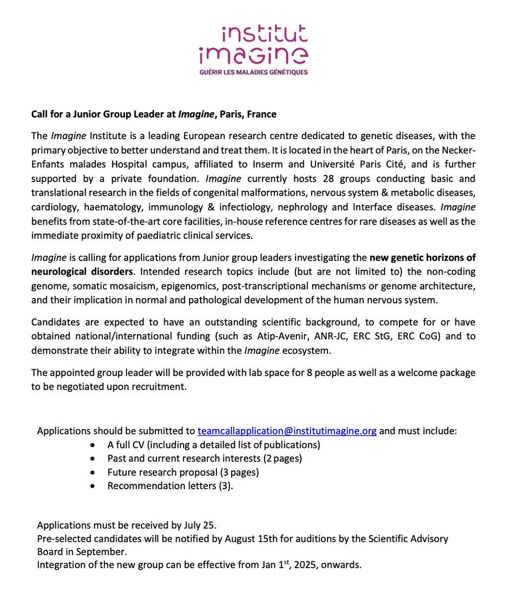📣 Call for a Junior Group Leader at  Institut Imagine, Paris, France !