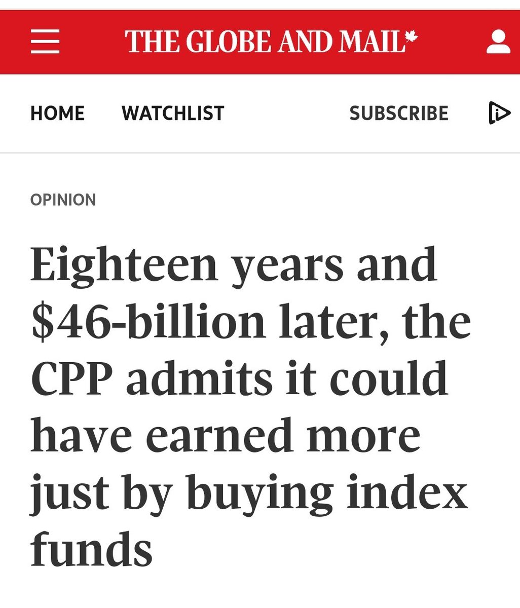 Tablesalt13's tweet photo. YOU CANT BEAT THE MARKET OVER THE LONG TERM

I did a deep dive on CPP 6 months ago 

Many disagreed with me

The active management fees get us nothing. Hell, they hardly even invest in Canada. https://t.co/a0nsuYdZUY