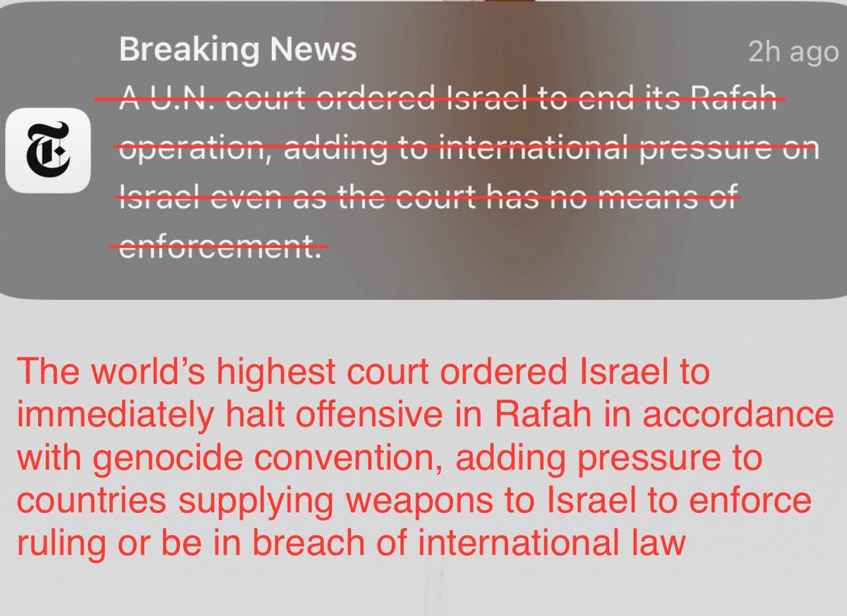 NYT makes it seem like a local court with no power just ruled against Israel. The ICJ’s “means of enforcement” is the fact that countries like the U.S. are supposed to act in accordance with international law.