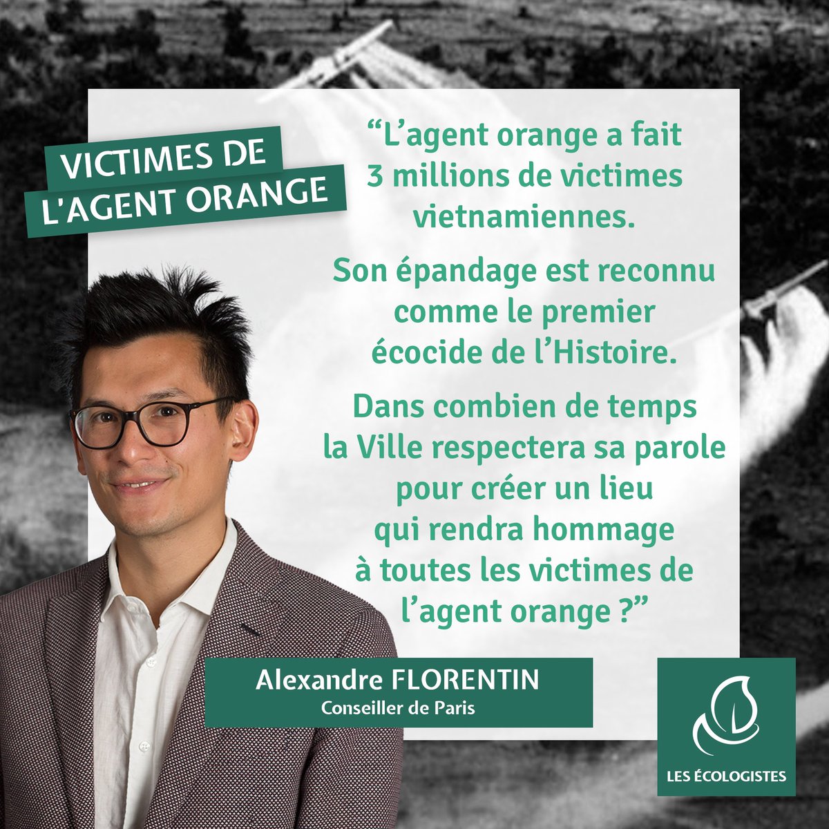 🔴 #ConseildeParis : Agent orange, à l’initiative des Écologistes, le Conseil de Paris adopte à l’unanimité la proposition de créer un lieu en hommage à toutes les victimes de l’agent orange. Bravo @AlexMFlorentin ! 👏