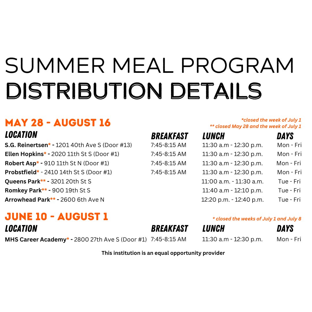 The 2024 MAPS Summer Meal Program begins Tuesday, May 28, at select elementary schools and parks in Moorhead! Check out when meals will be available near you. #OnceASpudAlwaysASpud