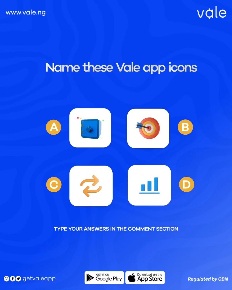 getvaleapp's tweet photo. Another Trivia Friday ๐๐พ๐๐พ๐๐พ
Let us know in the comments how much you use your Vale app.
These icons are on the Vale dashboard and you see them once you sign in.
Quote this tweet to tell us which is what. Let's goooo
#Friday #vale #Valefinance #trivia #triviafriday https://t.co/sxJZEmeaoy
