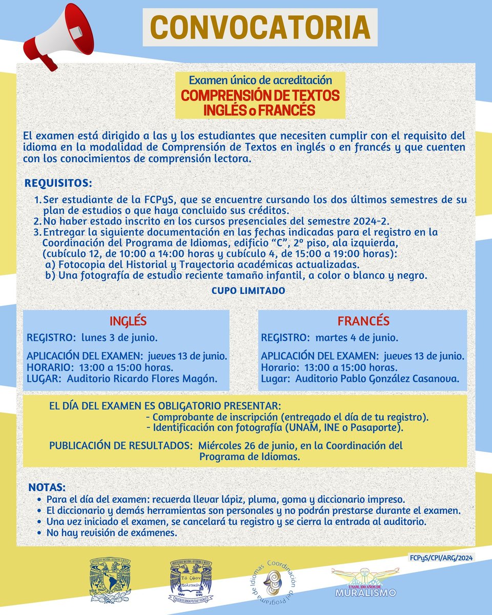 📣 ¡Examen Único de Acreditación! 📣 🗯 Comprensión de Textos Inglés o Francés 🗯 📝 Inscripción Inglés 3 de junio Francés 4 de junio @MediatecaFCPyS || #Mediateca #Inglés #francés #FCPyS #UNAM