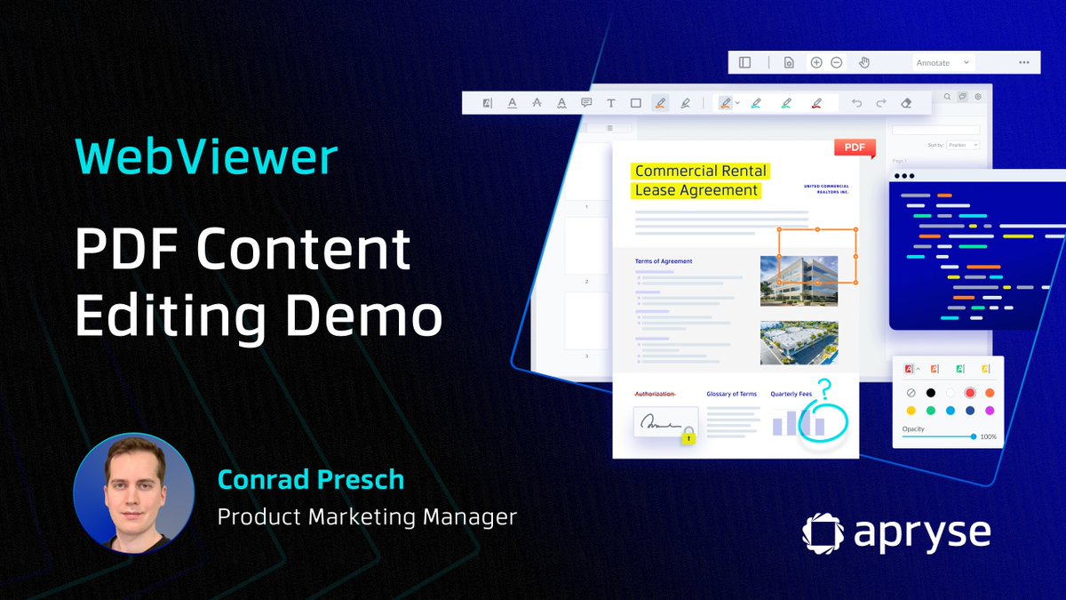 aprysesolutions's tweet image. Have you seen #WebViewer in action? If not, here’s your chance! 

Learn how to:

💡 Drag and drop paragraphs or images.
💡 Edit text as if you were using a word processor.
💡 Undo and redo to correct any mistakes.

PDF Content Editing Demo on #YouTube — brnw.ch/21wK7bY