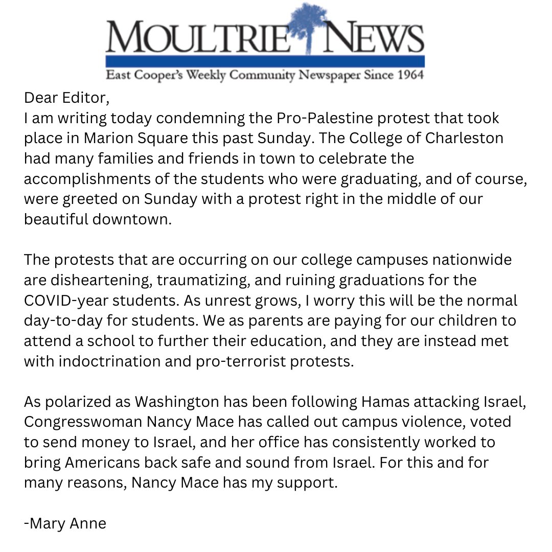 Thank you Mary Anne for supporting our work condemning Pro-Hamas protests on college campuses. #LowcountryFirst