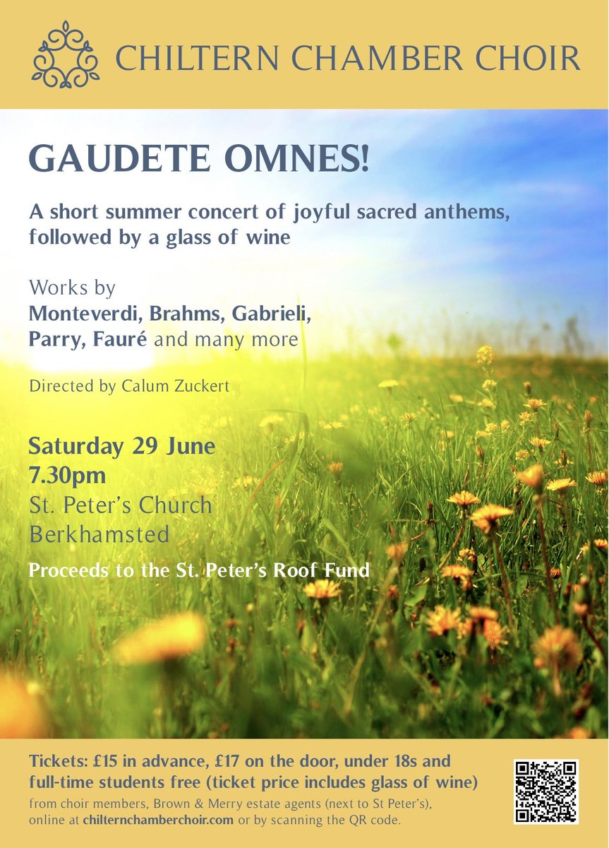 The Chiltern Chamber Choir <a href="/ChoirChiltern/">Chiltern Chamber Choir</a> summer concert in aid of the St Peter's Roof Fund! 
🎟 Buy tickets this Sunday after the 9:30 service for £15 (includes a 🍷glass of wine!) or tinyurl.com/j6rx9pa9
Monteverdi, Brahms, Gabrieli, Parry, Fauré + more! 
📅 29 June 7:30pm