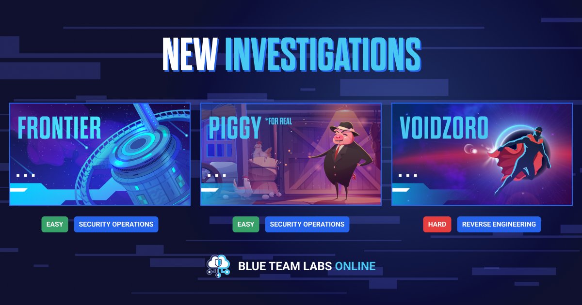 NEW LABS HAVE DROPPED. 🛰️ Frontier: easy, security operations 🐷 Piggy (we were psyching you out before): easy, #SecOps 🌑 VoidZoro: hard, #ReverseEngineering Log in or sign up to hone those #BlueTeam skills: blueteamlabs.online #BTLO #BlueTeamLabs #Cybersecurity